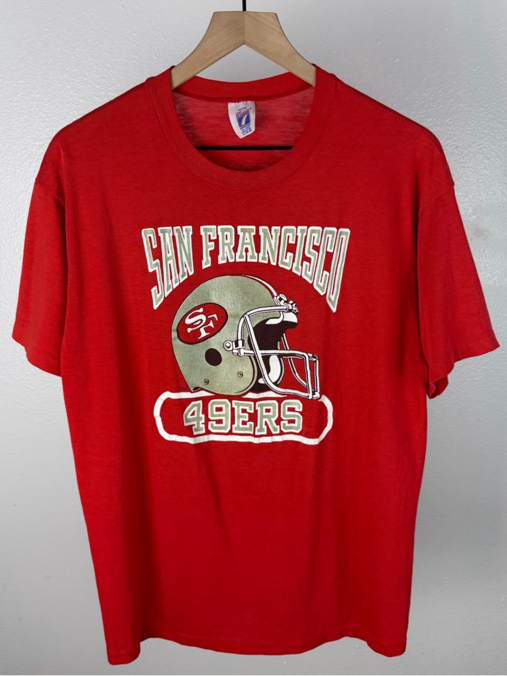 Vintage 80’s Logo 7 San Fransisco 49ers T Shirt Single Stitch Red USA Size Large